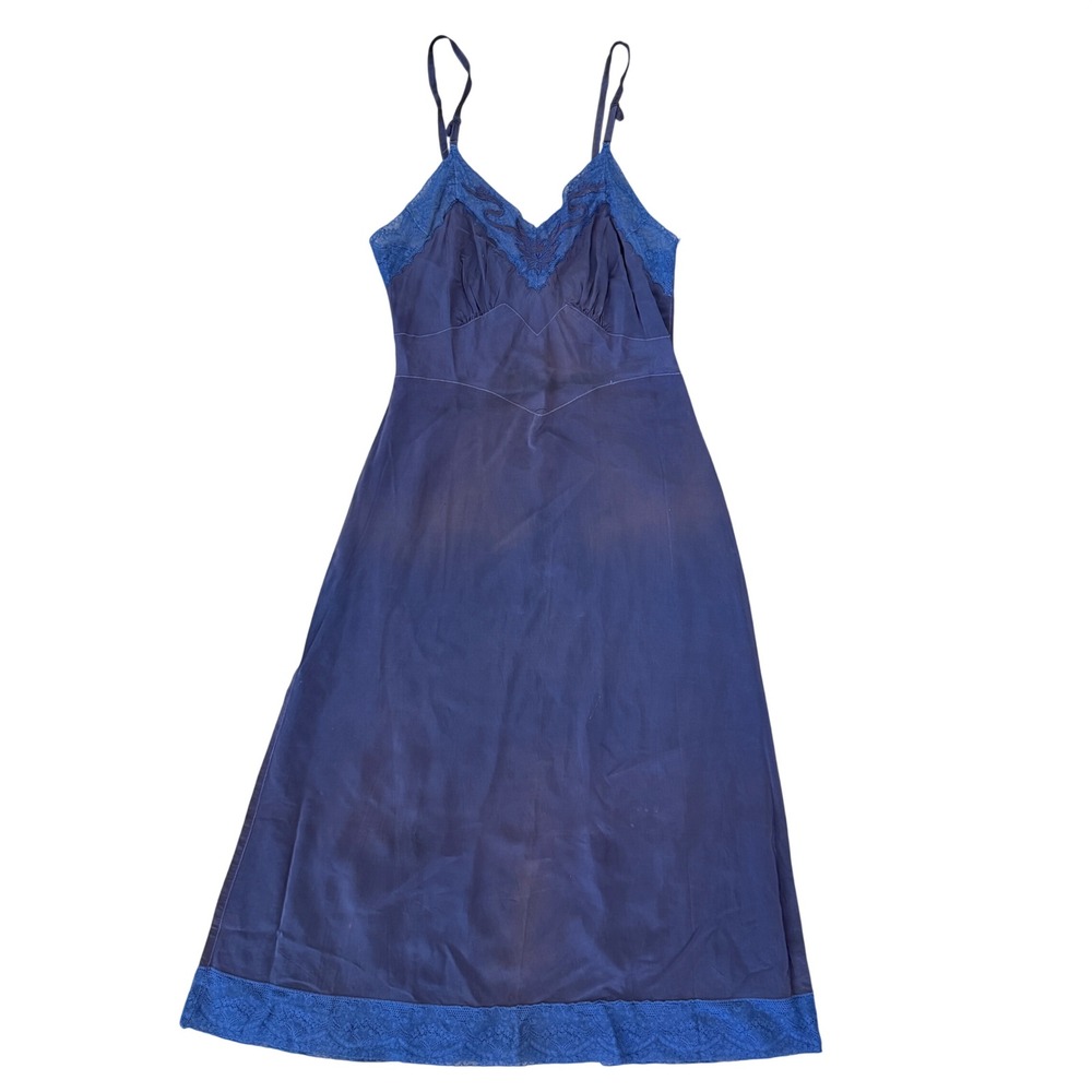 Seamprufe 1950s Rayon Slip Dress Crochet Floral Lace XS Navy Blue lingerie